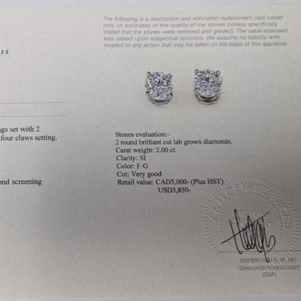 14K White Gold 1.8G Lab Diamond 2Ct Earrings - Picture 4 of 5